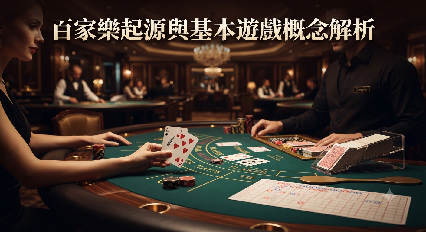 這是一張以百家樂為主題的賭場情境圖，畫面正上方清晰顯示著「百家樂起源與基本遊戲概念解析」的繁體中文標題。 牌桌上可見荷官與玩家正進行遊戲，桌面上擺放著撲克牌、籌碼以及百家樂專用的路紙與記分板。