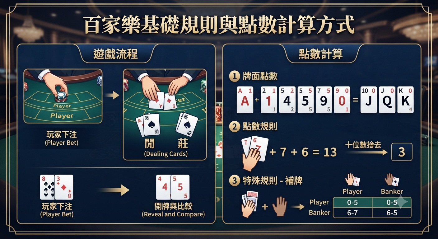 這是一張介紹百家樂基礎規則與點數計算方式的教學圖片。 內容包含了遊戲流程以及牌面點數的加總與進位規則。